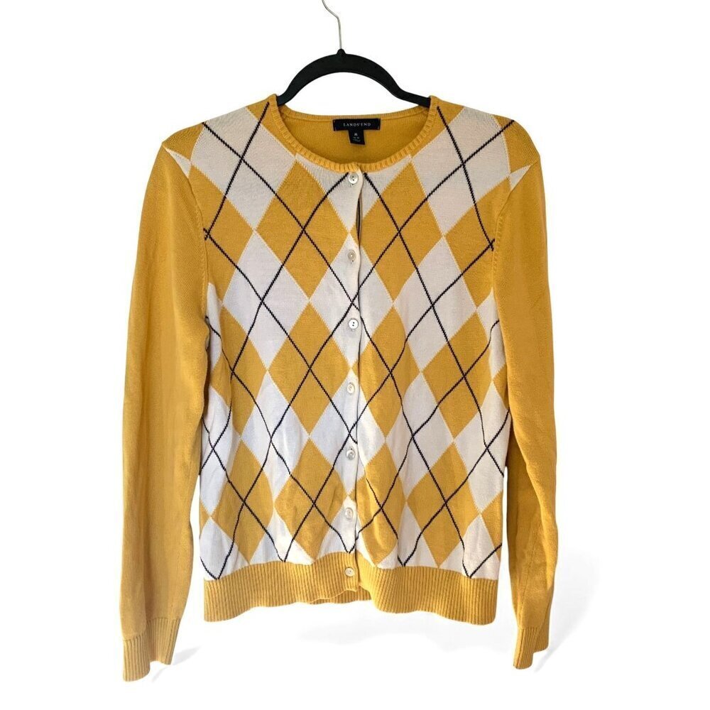 Lands' End Yellow Argyle Button-Up Cardigan β Preppy Knit Sweater Size Medium